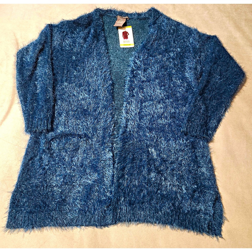 Chelsea & Theodore Teal Fuzzy Eyelash Knit Open Front Cardigan Sweater NWT M